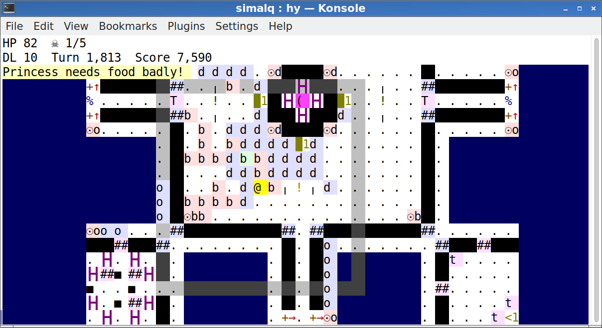 A terminal window with a colorful roguelike-esque map.